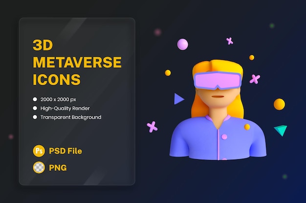 Bezpłatny plik PSD ikony 3d ilustracje avatar kobieta okulary vr technologia metaverse