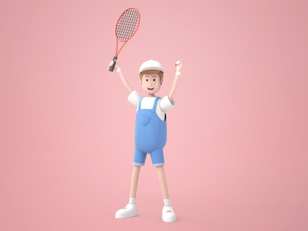Ilustracja 3d młody człowiek bawi się renderowaniem tenisa
