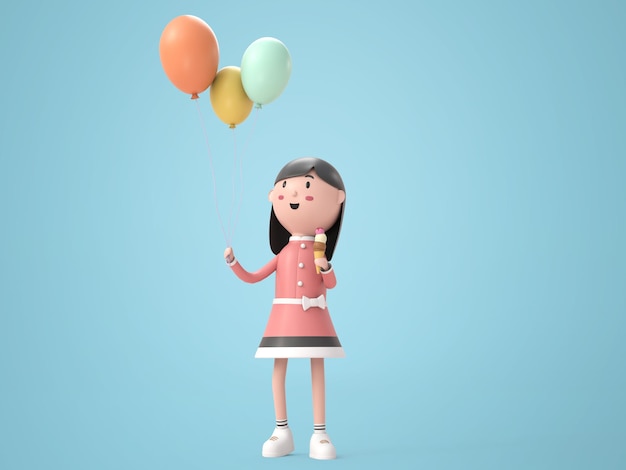 Ilustracja 3D urocza dziewczyna trzyma lody i renderowanie balonów