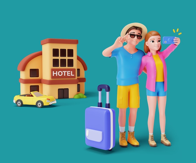 Bezpłatny plik PSD ilustracja 3d z postaciami turystów podróżujących