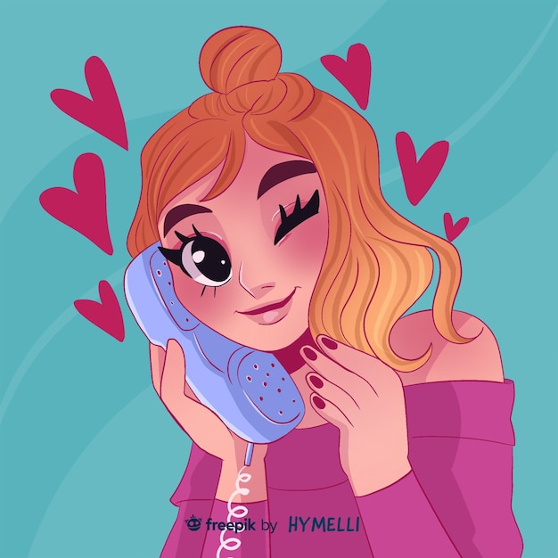 Ilustracja celebracja Walentynek z kobietą rozmawiającą przez telefon