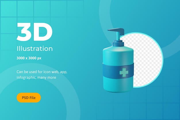 Ilustracja ikony 3d, opieka zdrowotna, środek do dezynfekcji rąk, dla sieci, aplikacji, infografiki