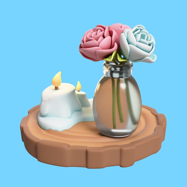 Ilustracja ślubna 3D z wazonem na kwiaty i świecami