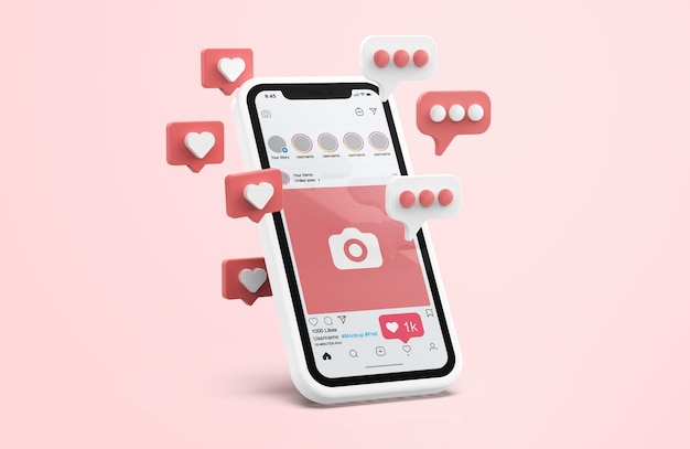 Instagram na białej makiecie telefonu komórkowego z ikonami 3d