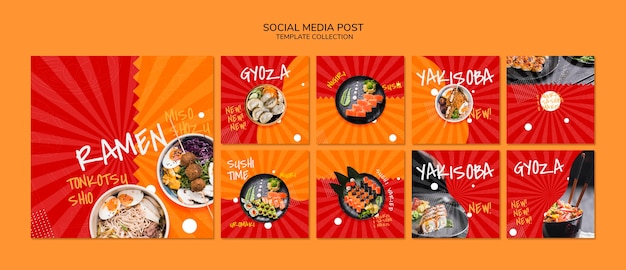 Instagram post lub kwadratowy szablon transparentu dla azjatyckiej japońskiej restauracji o sushibar