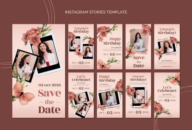 Kolekcja kwiatowy instagram opowiadania na urodziny