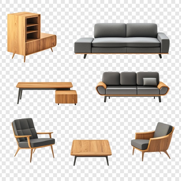 Kolekcja nowoczesnych mebli z połowy wieku Sofa krzesła i drewniane stoły