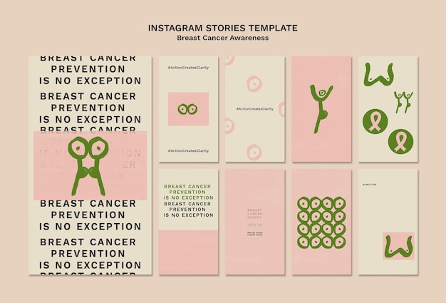 Bezpłatny plik PSD kolekcja opowiadań na instagramie w miesiącu świadomości raka piersi z abstrakcyjnymi postaciami kobiecymi