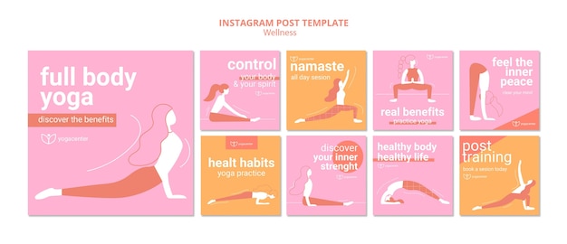 Kolekcja postów jogi na Instagramie z osobą rozciągającą
