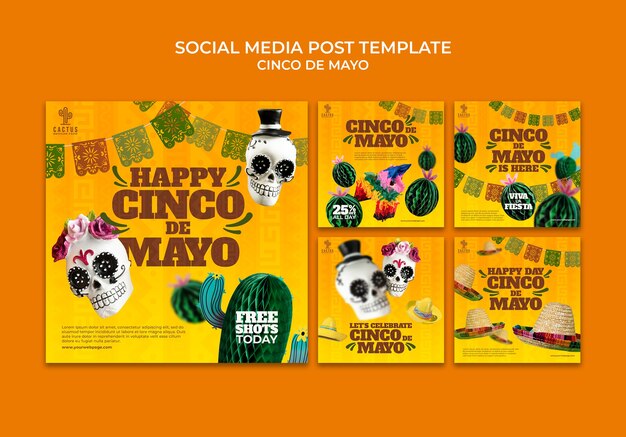 Kolekcja postów na instagramie Cinco de mayo z kaktusami i czaszkami