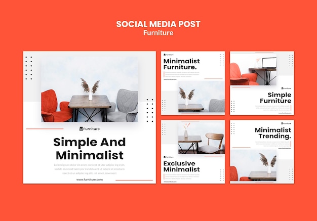 Bezpłatny plik PSD kolekcja postów na instagramie dla minimalistycznych projektów mebli