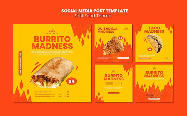 Bezpłatny plik PSD kolekcja postów na instagramie dla restauracji typu fast food