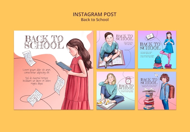 Kolekcja postów na Instagramie na powrót do szkoły z ręcznie rysowanymi elementami