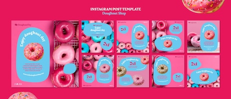Kolekcja postów na instagramie w sklepie z pączkami