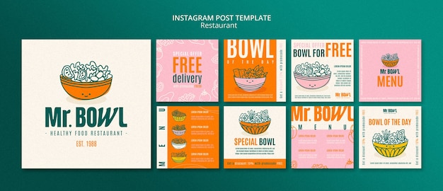 Bezpłatny plik PSD kolekcja postów na instagramie z jedzeniem w misce
