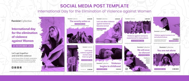 Bezpłatny plik PSD kolekcja postów na instagramie z okazji międzynarodowego dnia walki z przemocą wobec kobiet