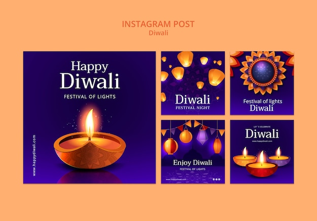 Bezpłatny plik PSD kolekcja postów na instagramie z okazji obchodów diwali