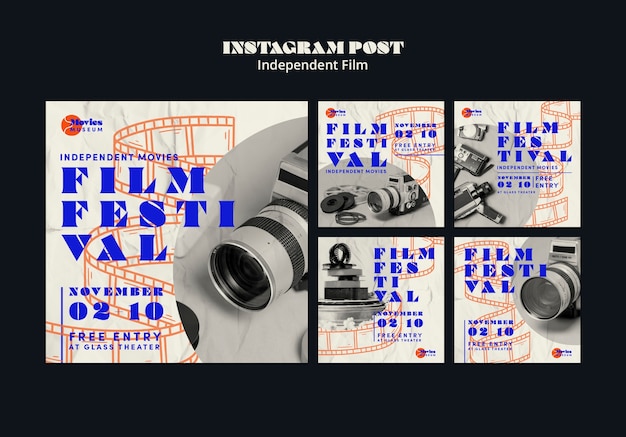 Bezpłatny plik PSD kolekcja postów na niezależnym festiwalu filmowym na instagramie