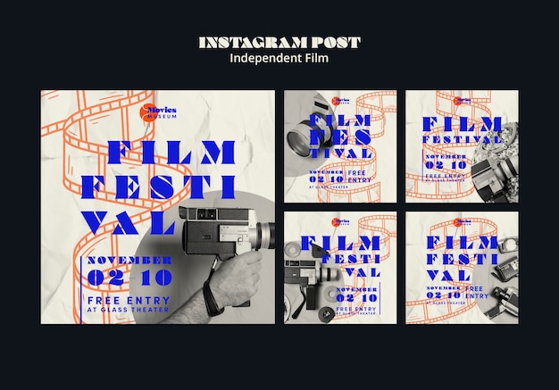 Bezpłatny plik PSD kolekcja postów na niezależnym festiwalu filmowym na instagramie