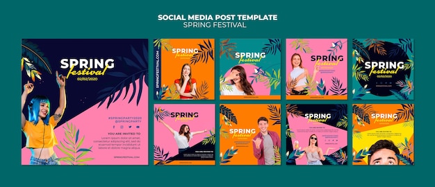 Bezpłatny plik PSD kolekcja wiosennych kolorowych postów w mediach społecznościowych