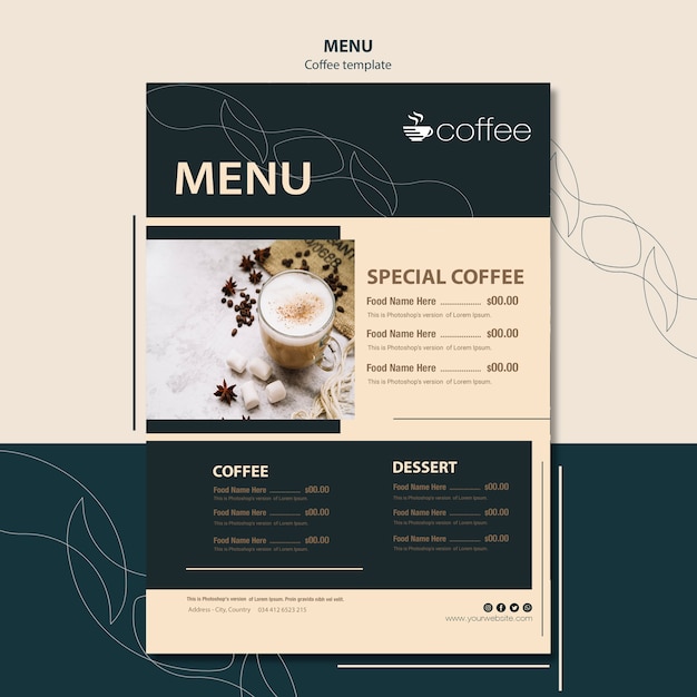 Bezpłatny plik PSD koncepcja szablon menu z kawą