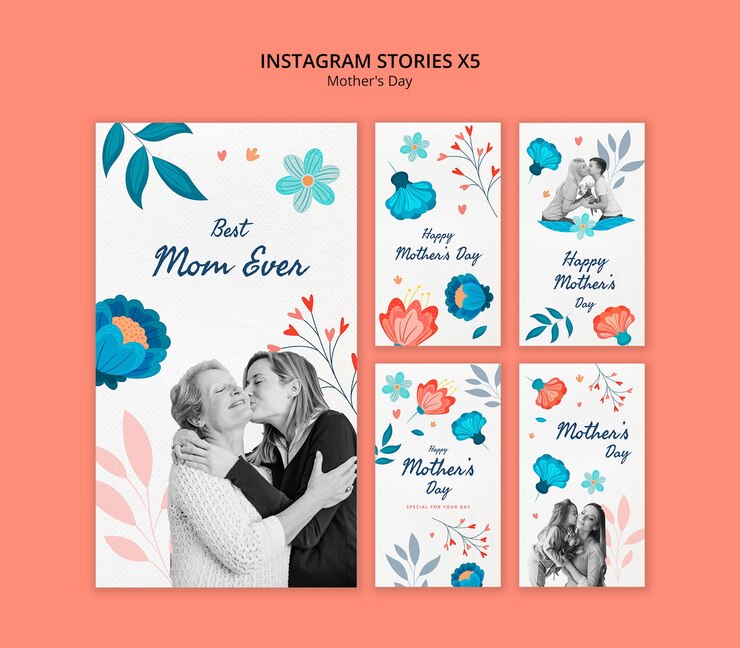 Bezpłatny plik PSD kwiatowy kolaż na dzień matki w zestawie szablonów instagram stories