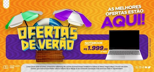 Bezpłatny plik PSD lato oferuje baner w mediach społecznościowych z etykietą 3d ofertas de verao w brazylii