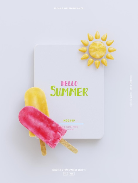 Bezpłatny plik PSD letnia karta z pozdrowieniami szablon makieta z na białym tle popsicles i słodkie słońce