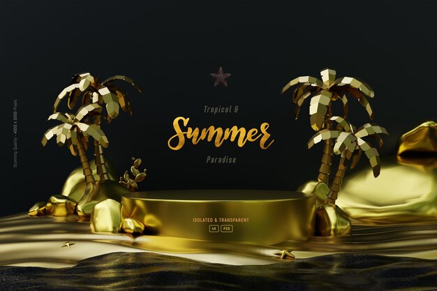 Letnia kompozycja szablonu tła ze złotym podium Palmy i obiekty na plaży Ciemna scena