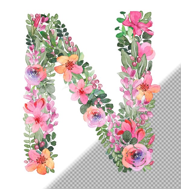 Litera N pisana wielkimi literami z miękkich ręcznie rysowanych kwiatów i liści