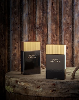 Makieta czarnych luksusowych perfum na drewnianym tle dla logo marki renderowania 3d
