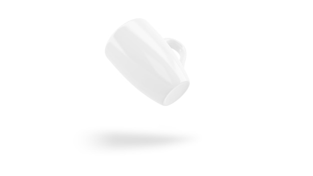 Makieta kubek ceramiczny biały latający na białym tle