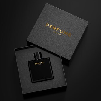 Makieta logo czarnej butelki perfum dla tożsamości marki renderowania 3d