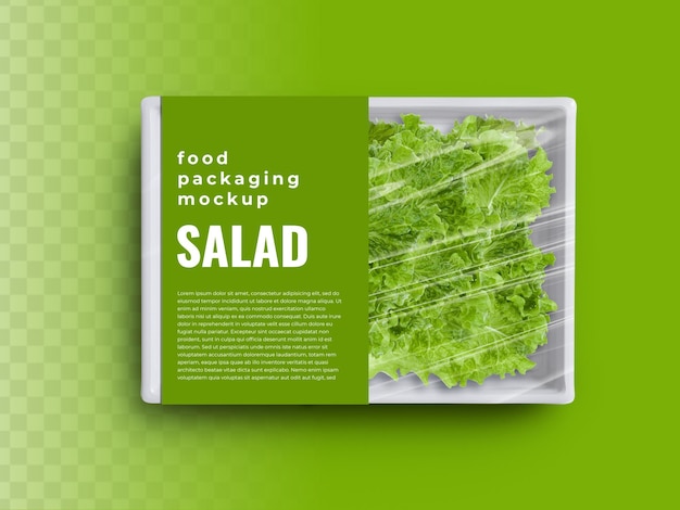 Makieta pojemnika na żywność z ekologiczną zieloną sałatą w plastikowej etykiecie papierowej do pakowania