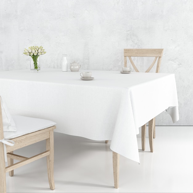 Makieta stołu z białym obrusem i drewnianymi krzesłami
