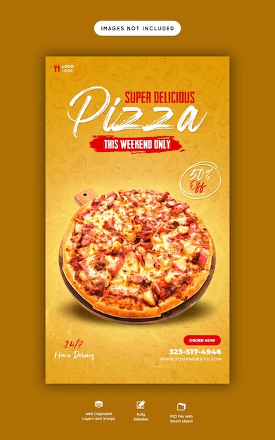 Bezpłatny plik PSD menu jedzenia i pyszna pizza na instagramie i szablon historii na facebookufacebook