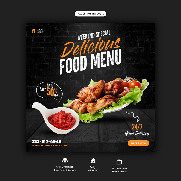Bezpłatny plik PSD menu żywności i szablon banera mediów społecznościowych restauracji