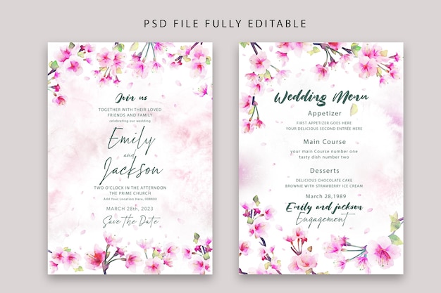 Bezpłatny plik PSD miękkie zaproszenie na ślub kwiatowy akwarela psd i szablon menu