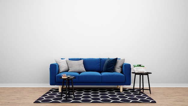 Minimalny salon z niebieską kanapą i dywanem, pomysły na aranżację wnętrz