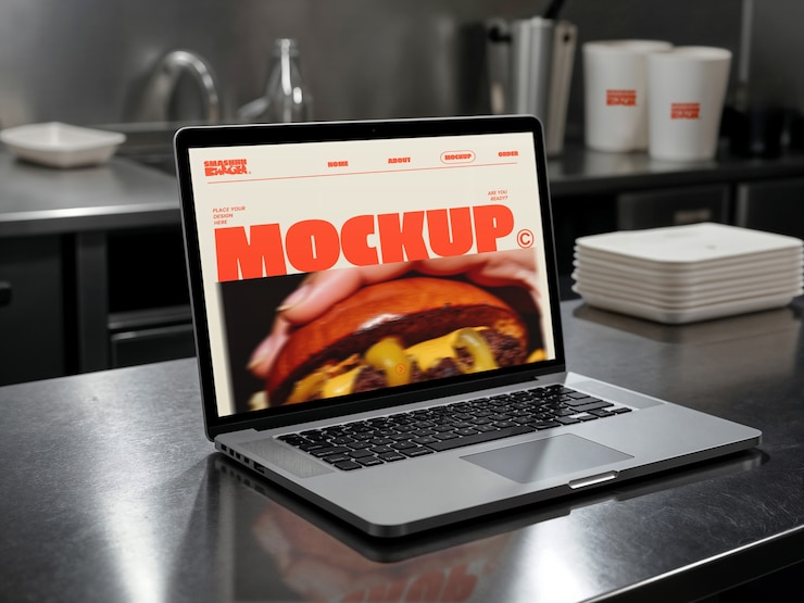 Bezpłatny plik PSD mockup laptopa na liczniku ze stali nierdzewnej w kuchni