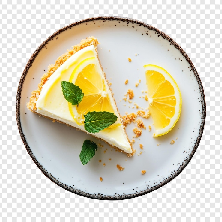 Bezpłatny plik PSD na wiejskim białym talerzu znajduje się kawałek pysznego lemonowego cheesecake ozdobionego świeżą miętą i kawałkami cytryny. kremowa tekstura i żywe żółte odcienie sprawiają, że jest to kuszący deser.