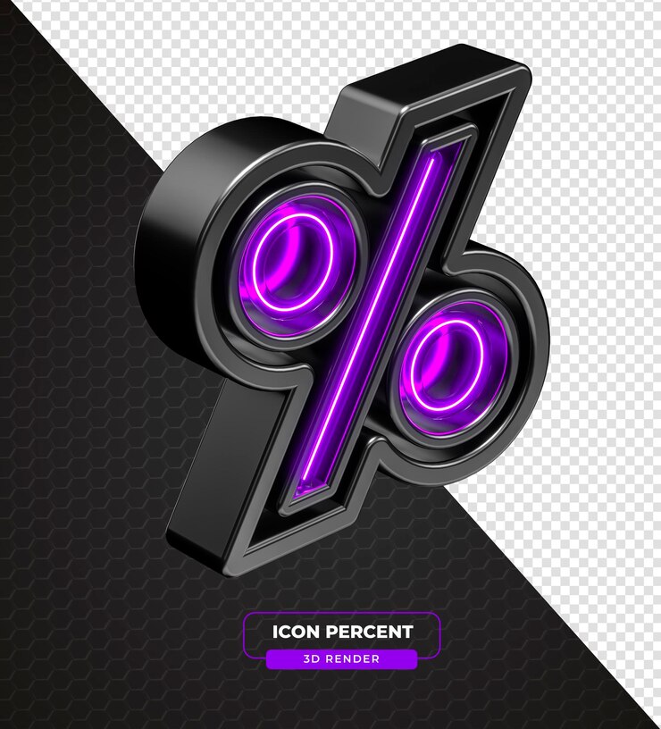 Bezpłatny plik PSD neon percentage sign icon purple and black in 3d render z przezroczystym tłem