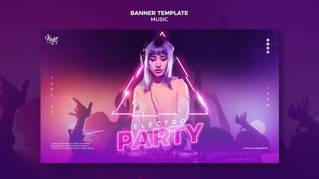 Neonowy poziomy baner szablon dla muzyki elektronicznej z kobietą dj