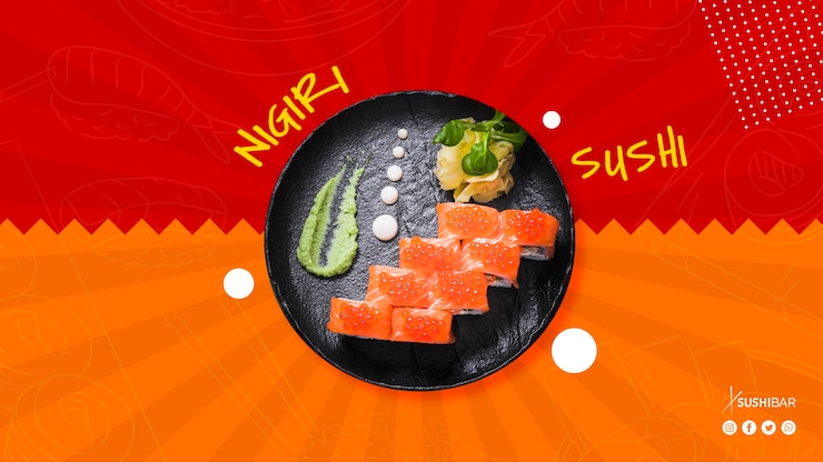Bezpłatny plik PSD nigiri suszi talerz dla azjatykciej orientalnej japońskiej restauraci lub sushibar