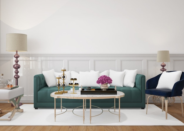 nowoczesny salon z sofą i poduszkami makiet