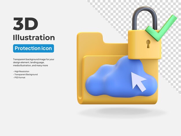 Ochrona danych przechowywania ikon w chmurze zabezpieczona zablokowaną kłódką i zaznaczeniem 3d render ilustracji