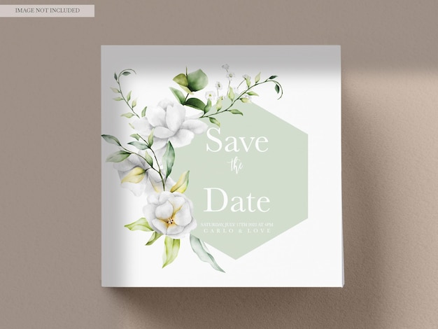 Bezpłatny plik PSD piękna akwarela zaproszenie na ślub z zielonymi liśćmi i białym kwiatem