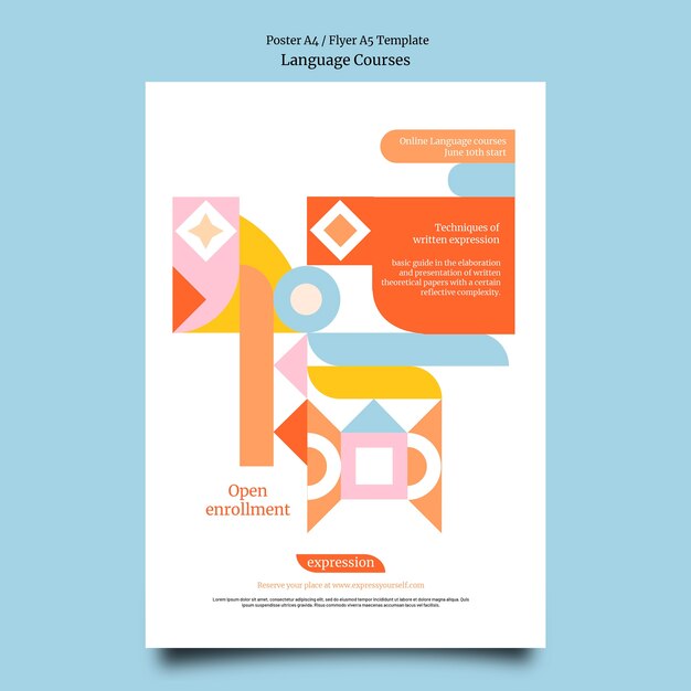 Pionowy plakat z lekcjami języków obcych o geometrycznych kształtach