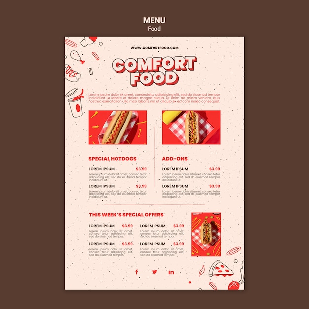 Pionowy szablon menu dla wygodnych hot dogów