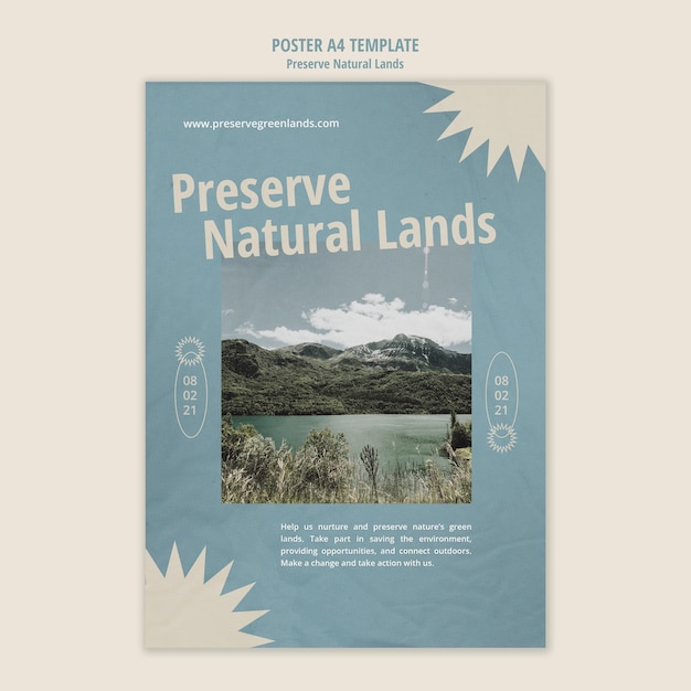 Bezpłatny plik PSD pionowy szablon plakatu do ochrony przyrody z krajobrazem